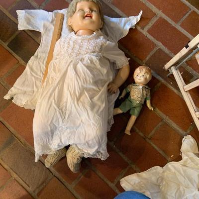 LOT:55G: Effanbee Lovums Antique Composite  Doll w/Cloths Vintage Crib & Smaller Doll