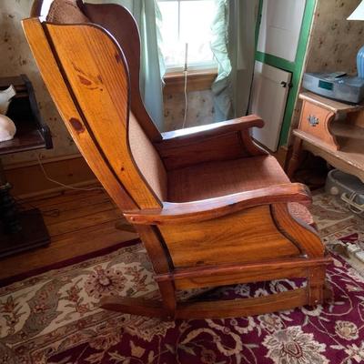 LOT:56G: High Back Wooden Rocking Chair w/Brown Upholstered Cushions