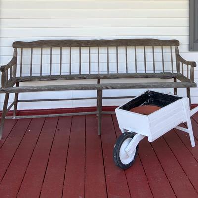 LOT:60: Primitive Outdoor Extra Long Wooden Front Porch Bench w/Wheelbarrow Planter