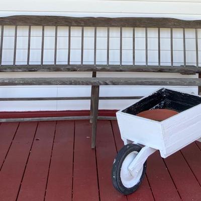LOT:60: Primitive Outdoor Extra Long Wooden Front Porch Bench w/Wheelbarrow Planter