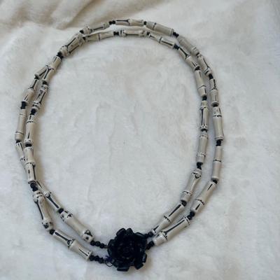 Vtg off -white cylinder beads with black crystals & beautiful black flower clasp   24â€  matching earrings