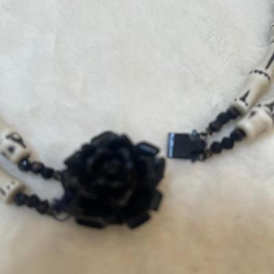 Vtg off -white cylinder beads with black crystals & beautiful black flower clasp   24â€  matching earrings