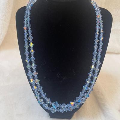 Vtg Beautiful blue AB crystal double strand necklace  22â€ adjustable