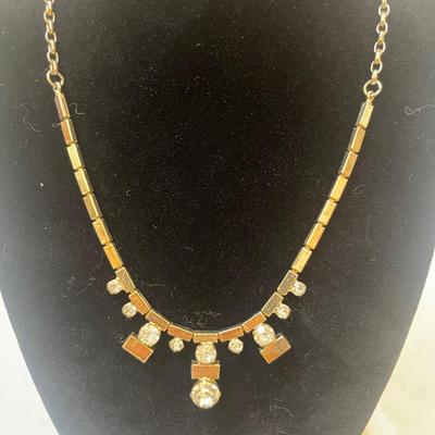 Vtg Rectangle-shapes & rhinestone necklace. 18â€ adjustable.