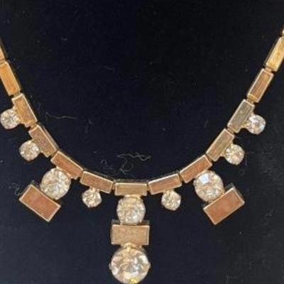 Vtg Rectangle-shapes & rhinestone necklace. 18â€ adjustable.