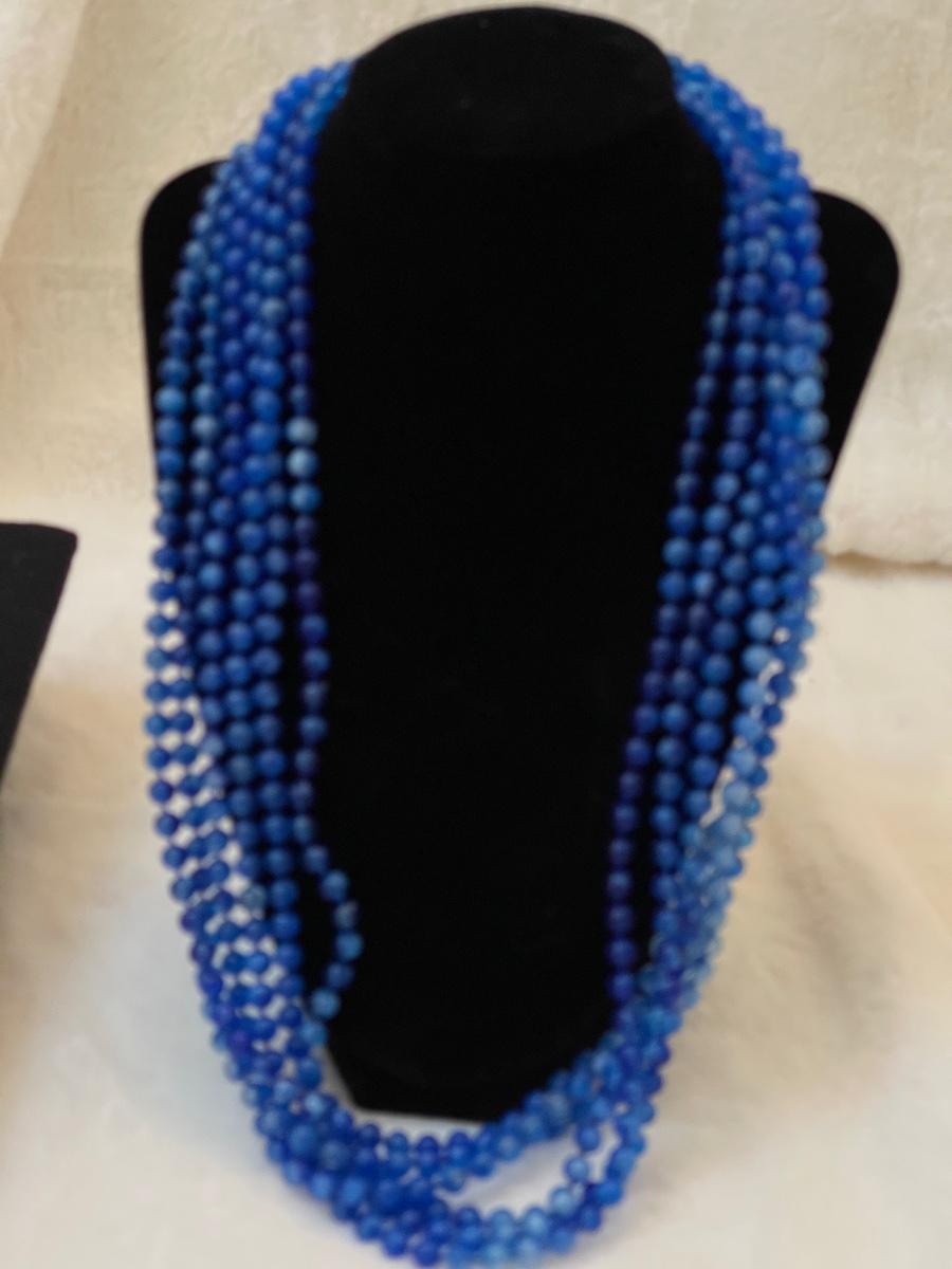 Vtg Blue glass beads multi strand necklace. 26”