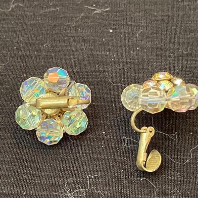 Vtg AB crystal clip on earrings.