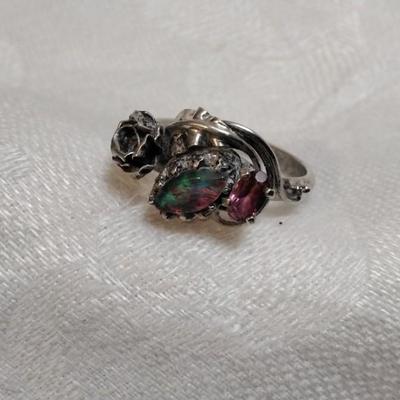 One Of A Kind Antique Opal And Rhodolite Garnet 925 Ring With Rose Size 7.5