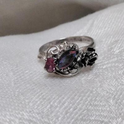 One Of A Kind Antique Opal And Rhodolite Garnet 925 Ring With Rose Size 7.5