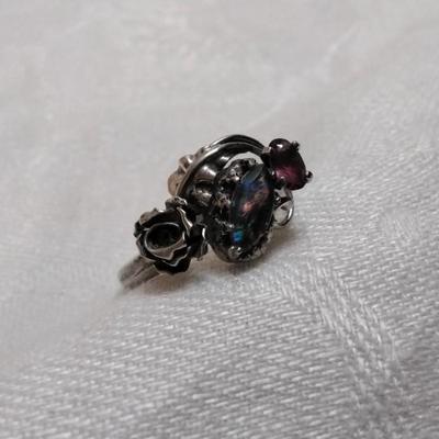 One Of A Kind Antique Opal And Rhodolite Garnet 925 Ring With Rose Size 7.5
