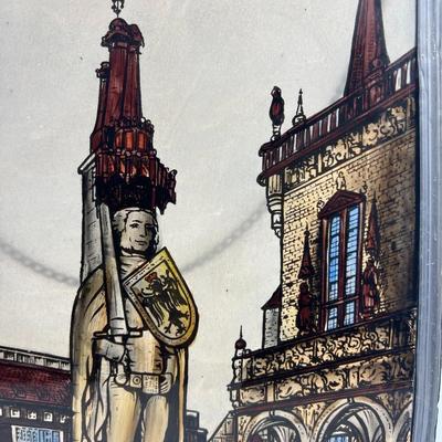 Vintage Collectible Stained Color Glass of German Monument Bremen Roland in Town Square