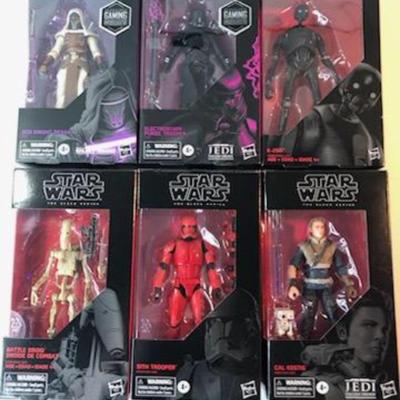 Lot 11 Star Wars 6-6â€ action figures in original box. Includes; Jedi Knight Revan, Electrostaff Purge Trooper, K-2SO, Battle Droid,...