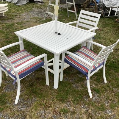 140 Outdoor Patio Dining Set with Umbrella, Three Metal Chairs & Table