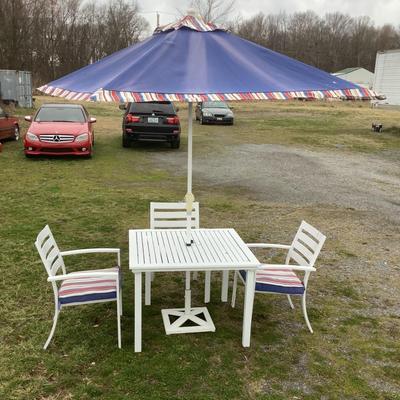 140 Outdoor Patio Dining Set with Umbrella, Three Metal Chairs & Table