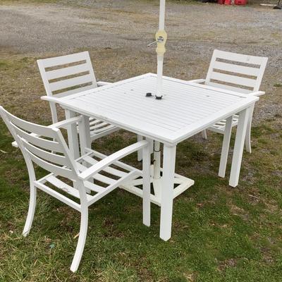 140 Outdoor Patio Dining Set with Umbrella, Three Metal Chairs & Table