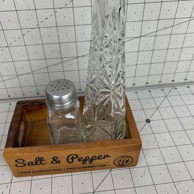 #134 Salt & Pepper Wooden Crate, Crystal Vase and Glass Shaker