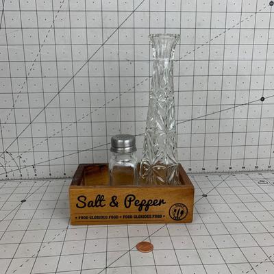 #134 Salt & Pepper Wooden Crate, Crystal Vase and Glass Shaker