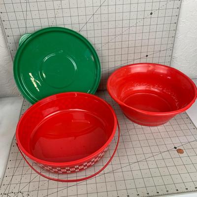 #148 Holiday Cookie Container and Red Plastic Bowl