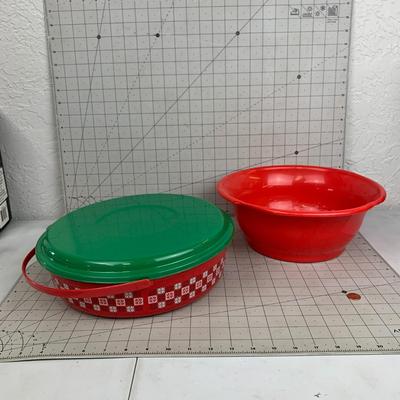 #148 Holiday Cookie Container and Red Plastic Bowl