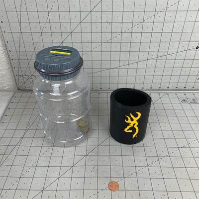 #187 Browning Beer Coozy and Counting Coin Jar