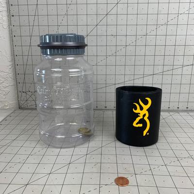 #187 Browning Beer Coozy and Counting Coin Jar