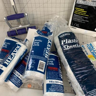 #218 Plastic Drop Cloths, Paint Roller and Coveralls
