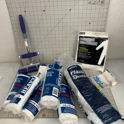 #218 Plastic Drop Cloths, Paint Roller and Coveralls