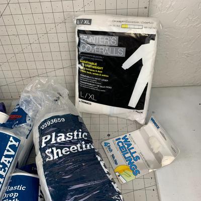 #218 Plastic Drop Cloths, Paint Roller and Coveralls