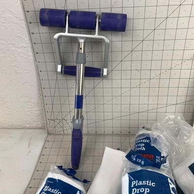 #218 Plastic Drop Cloths, Paint Roller and Coveralls