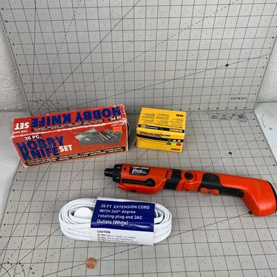 #219 30pc Hoby Knife Set, B&Decker Pivot Plus Drill Drive, DeWalt Nails and Extension Cord