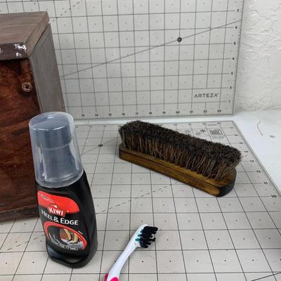 #244 Wooden Box With Shoe Polish and Brushes