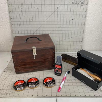 #244 Wooden Box With Shoe Polish and Brushes