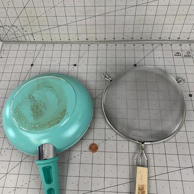 #312 Blue Frying Pan and Strainer