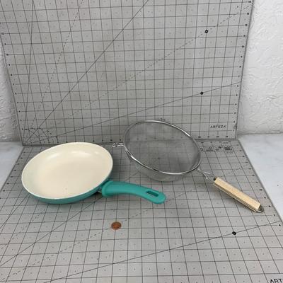#312 Blue Frying Pan and Strainer