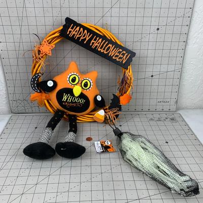 #386 Happy Halloween Owl Wreath and Glow Skeletons
