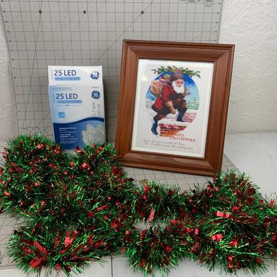 #511 Framed Santa Print, Garland and Led Lights