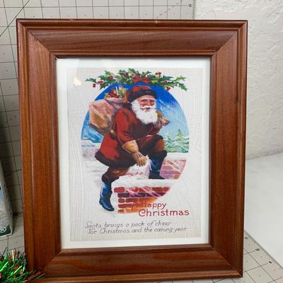 #511 Framed Santa Print, Garland and Led Lights