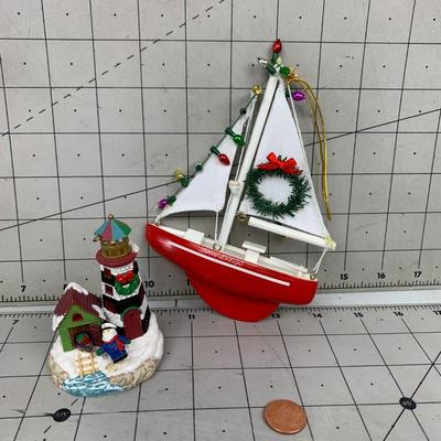 #513 Christmas Sailboat and Lighthouse Ornaments