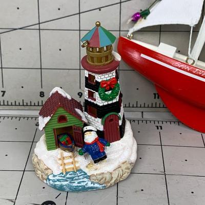 #513 Christmas Sailboat and Lighthouse Ornaments