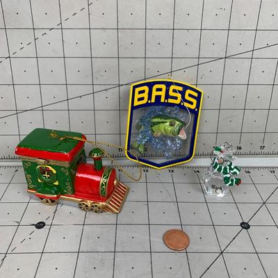 #518 Bass, Train and Snowman Ornaments