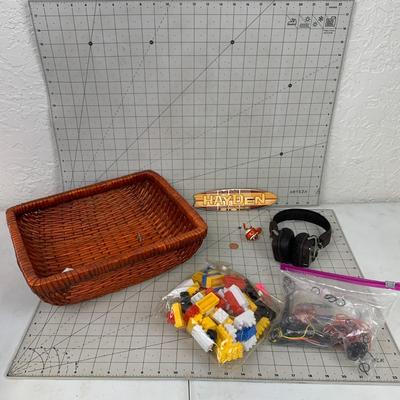 #526 Legos, Rubber Bands, Headphones and Basket