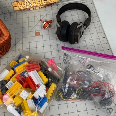 #526 Legos, Rubber Bands, Headphones and Basket