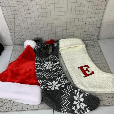 #569 E and Gray Stocking with Santa Hat