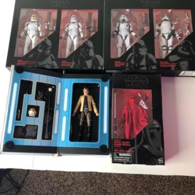 Lot 13 Star Wars 6â€ action Figures boxed; Storm Trooper 4 pack, Phase 1 Clone Trooper Comander, phase 2 Clone Trooper, Imperial...