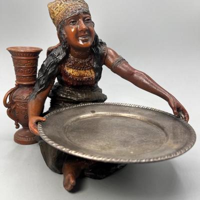 Vintage Cold Painted Arabian Woman Metalware Bronze Art Deco Spelter Statue with Saucer Plate