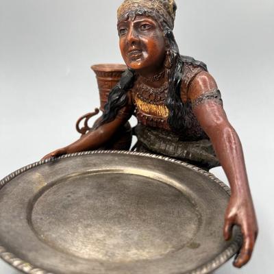 Vintage Cold Painted Arabian Woman Metalware Bronze Art Deco Spelter Statue with Saucer Plate