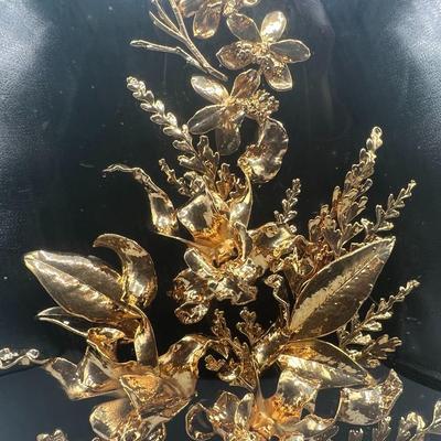 Retro Framed Petrified 24 Karat Gold Maui Hawaiian Flowers Art Piece by Saburo