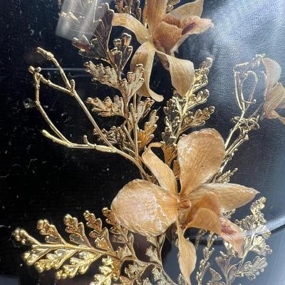 Retro Framed Flora-Hawaii Petrified 24 Karat Gold Maui Flowers Art Piece