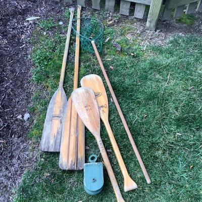 1070 Nautical Lot of Two Oars and Rope Pulley and Crab Net