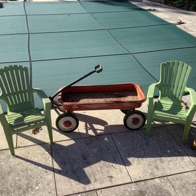 1094 Vintage MTD 500 Red Wagon and Two Green Plastic Childs Adirondack Chairs
